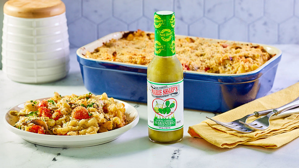 Spicy Baked Asparagus and Mushroom Pasta with Marie Sharp’s Green Cactus Habanero Hot Sauce - The Pepper Pantry (Formerly Marie Sharp's)