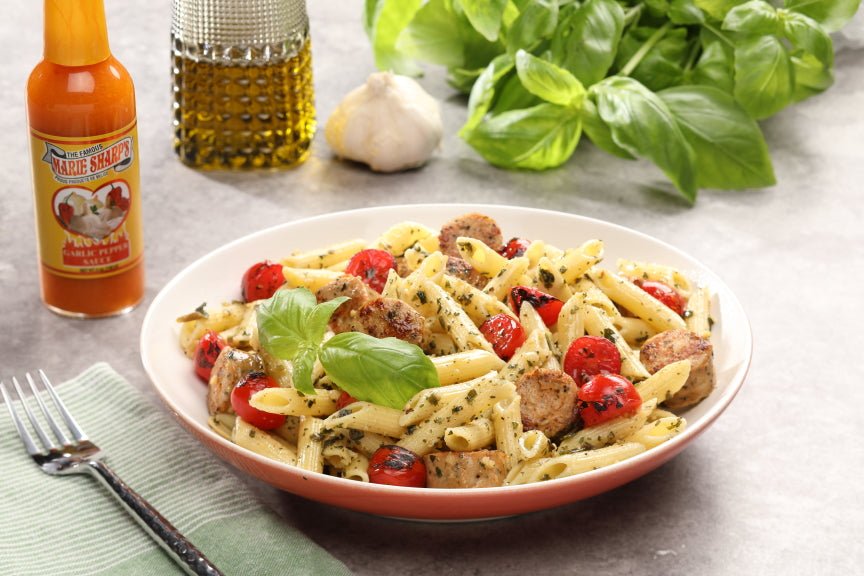 Chicken Pesto Pasta Recipe with Marie Sharp's Garlic Habanero Pepper Sauce - The Pepper Pantry (Formerly Marie Sharp's)