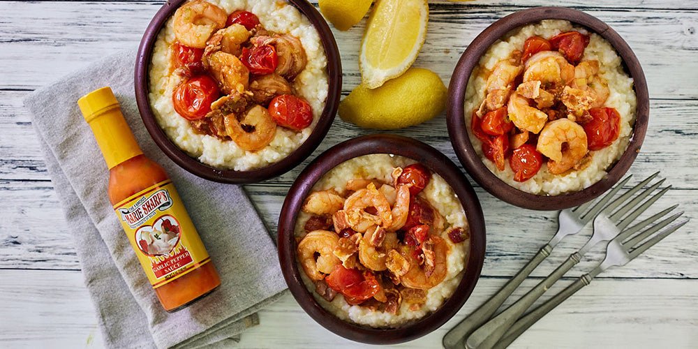 Garlicky Shrimp and Cheese Grits Recipe with Marie Sharp’s Garlic Habanero Pepper Hot Sauce - The Pepper Pantry (Formerly Marie Sharp's)