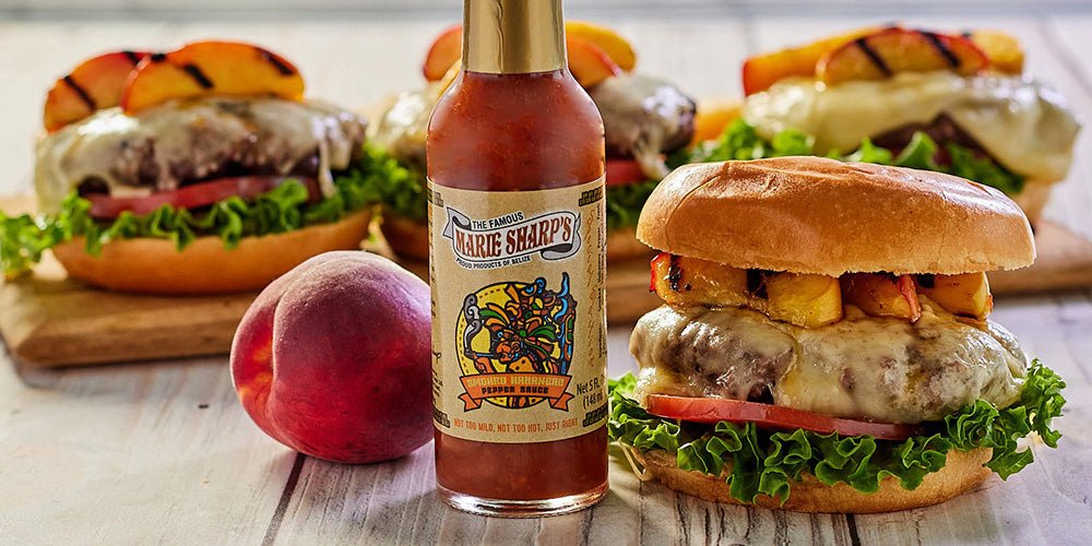 Havarti Cheeseburger and Grilled Peaches Recipe with Marie Sharp’s Smoked Habanero Pepper Sauce - The Pepper Pantry (Formerly Marie Sharp's)