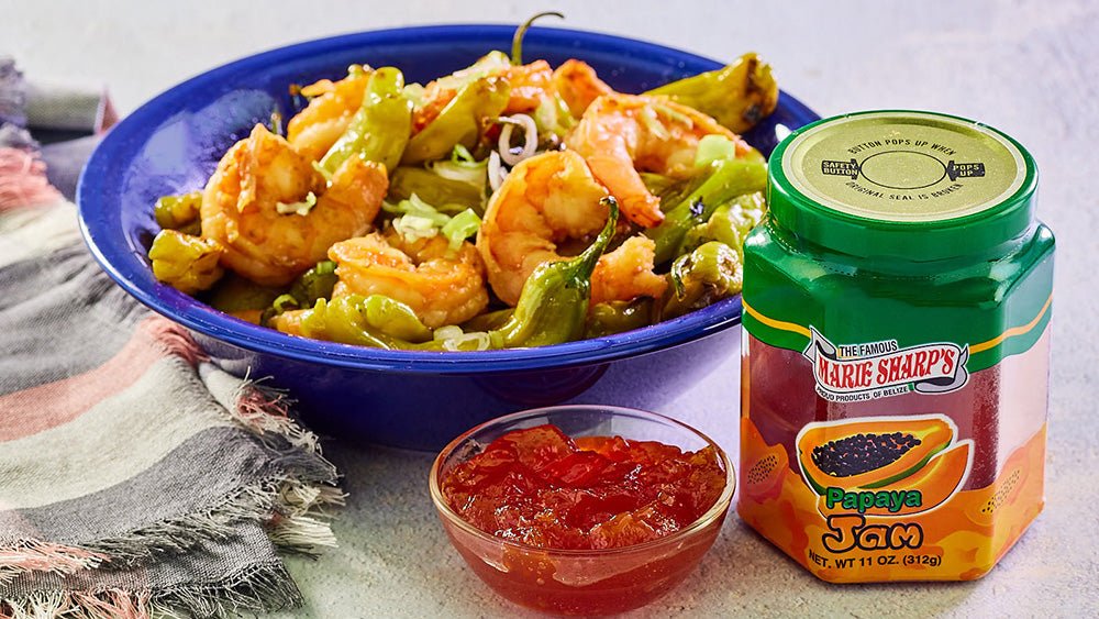 Shrimp and Shishito Pepper Sauté in a Papaya Mirin Sauce with Marie Sharp’s Papaya Jam - The Pepper Pantry (Formerly Marie Sharp's)