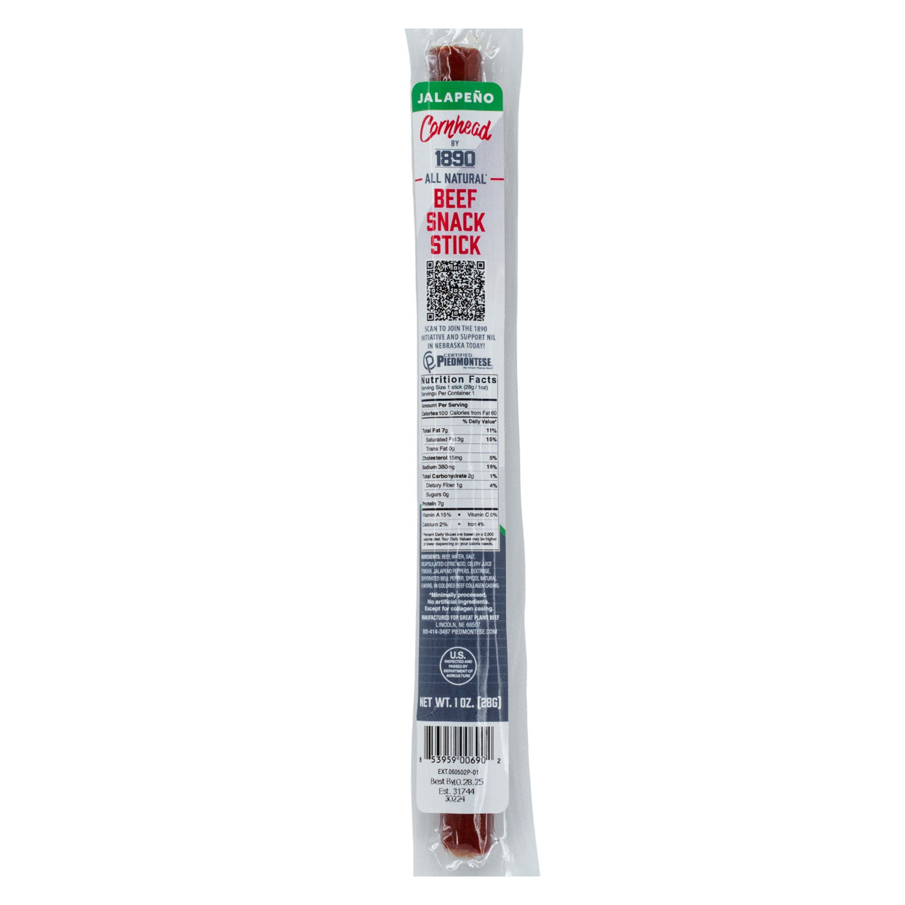 Beef Stick | 1 oz. | Jalapeño Flavor | Certified Piedmontese Beef | Grass Fed & Finished Beef | High Protein Snack | All Natural Ingredients