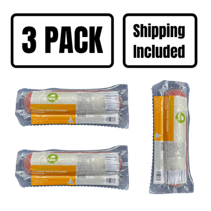 Jalapeno Peppercheese Summer Sausage | High Protein Snack | No MSG | Ready To Eat | Charcuterie | 7-8 oz. Roll | Pack of 3 | Shipping Included | Delicious Bison Flavor | Bold, Extra Spicy Flavor | Protein-Packed | 100% Bison Meat | Ready To Eat