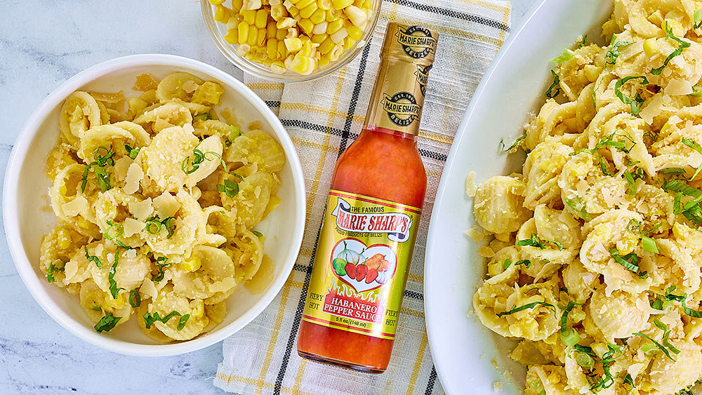 Creamy Corn Pasta with Marie Sharp’s Fiery Hot Habanero Pepper Sauce