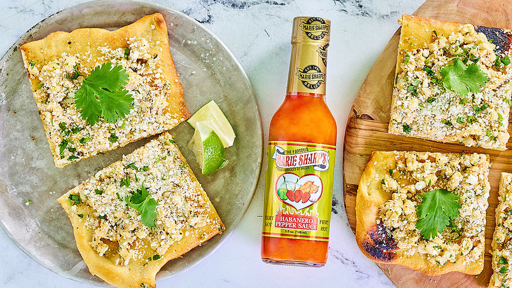 Grilled Elote Flatbread with Marie Sharp’s Fiery Hot Habanero Pepper Sauce