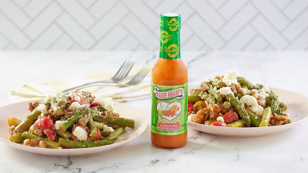 Asparagus Tomato Feta Salad with Spicy Balsamic Vinaigrette and Marie Sharp’s Mild Habanero Sauce - Pepperheadz Company Store