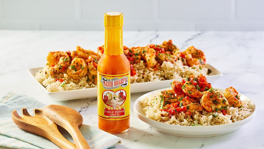 Garlic Creole Shrimp with Lemon over Spicy Herb Butter Rice with Marie Sharp’s Garlic Habanero Sauce - Pepperheadz Company Store