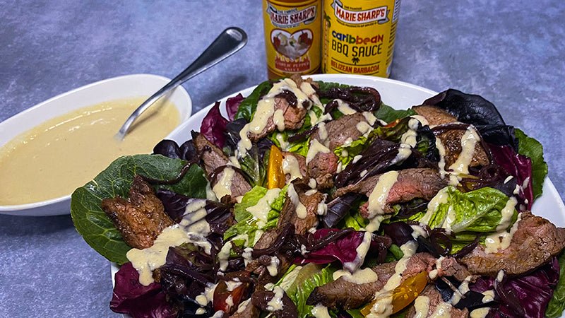 Keto Smokin’ Hot Flank Steak Salad with Garlic Habanero Blue Cheese Vinaigrette - Pepperheadz Company Store