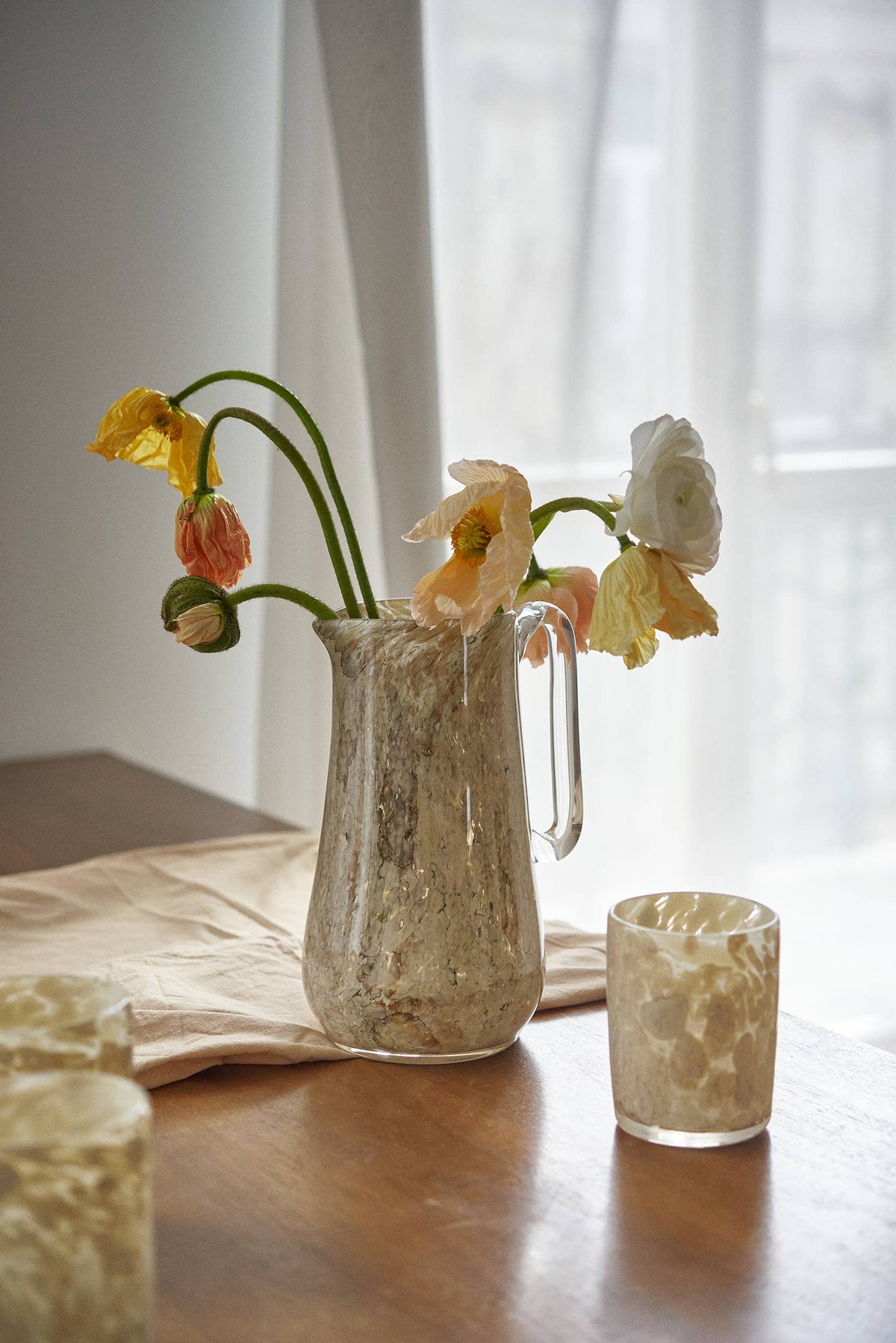 Hand Blown Glass Water Pitcher: Brown Marble