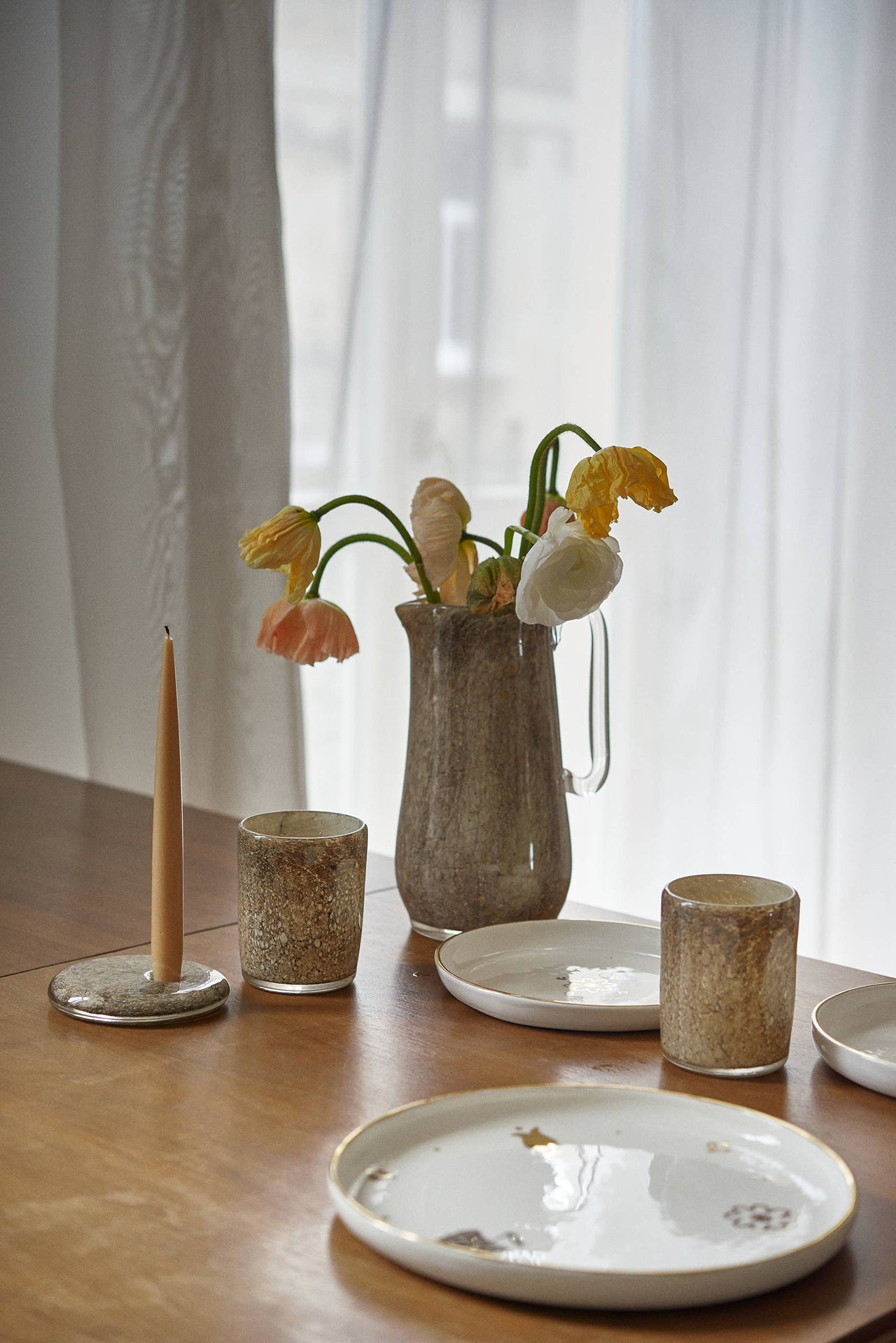 Hand Blown Glass Water Pitcher: Brown Marble