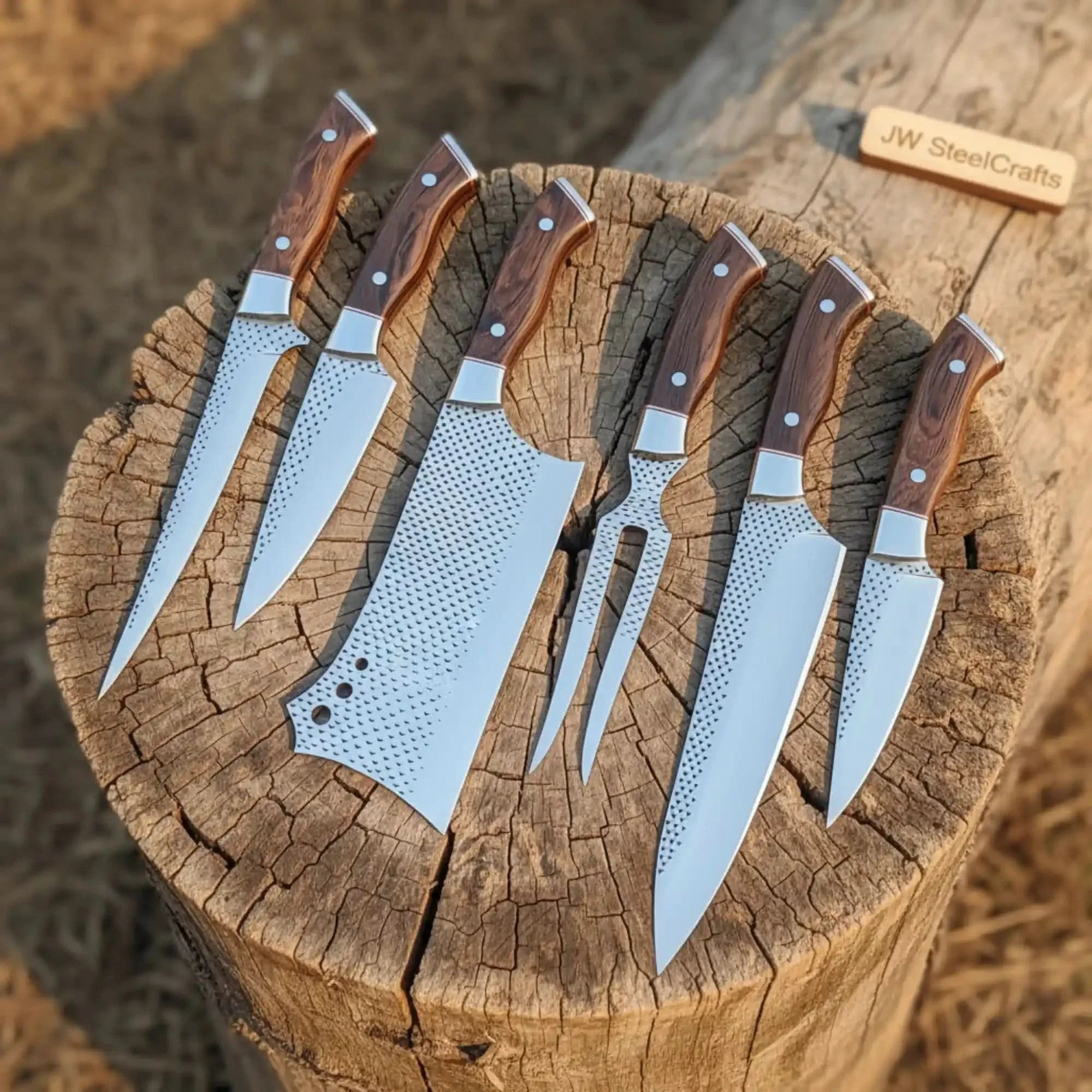 6-Piece Rasp Steel Kitchen Knife Set with Carving Fork Natural Wood Red Spacer Handles, Steel Bolsters, 7 to 13 Inch