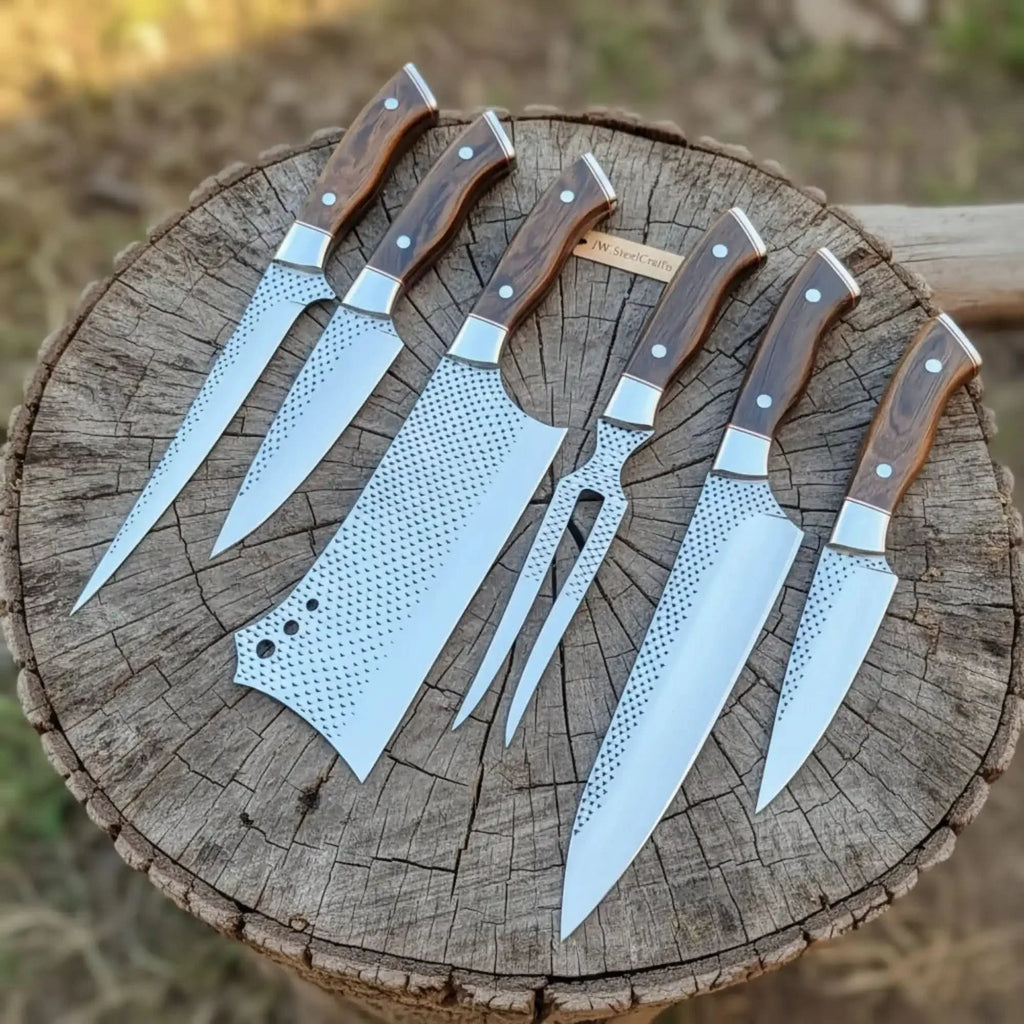 6-Piece Rasp Steel Kitchen Knife Set with Carving Fork Natural Wood Red Spacer Handles, Steel Bolsters, 7 to 13 Inch