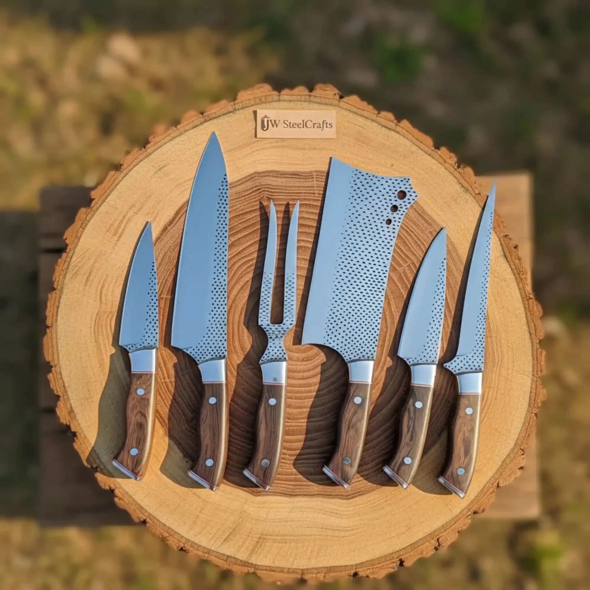6-Piece Rasp Steel Kitchen Knife Set with Carving Fork Natural Wood Red Spacer Handles, Steel Bolsters, 7 to 13 Inch