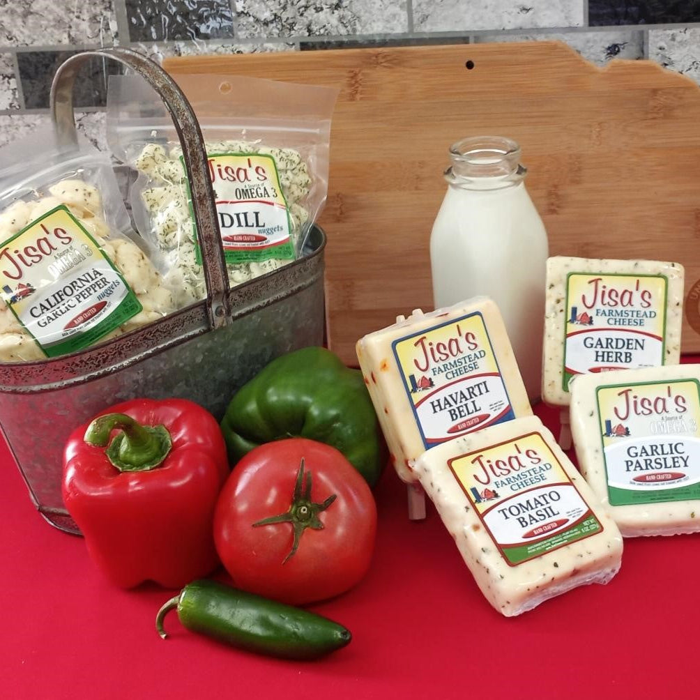 Best Nebraska Farmstead Cheese 6 Piece Sampler | Garlic Pepper, Dill, Havarti Bell, Tomato Basil, Garden Herb, Garlic Parsley | Made in Small Batches
