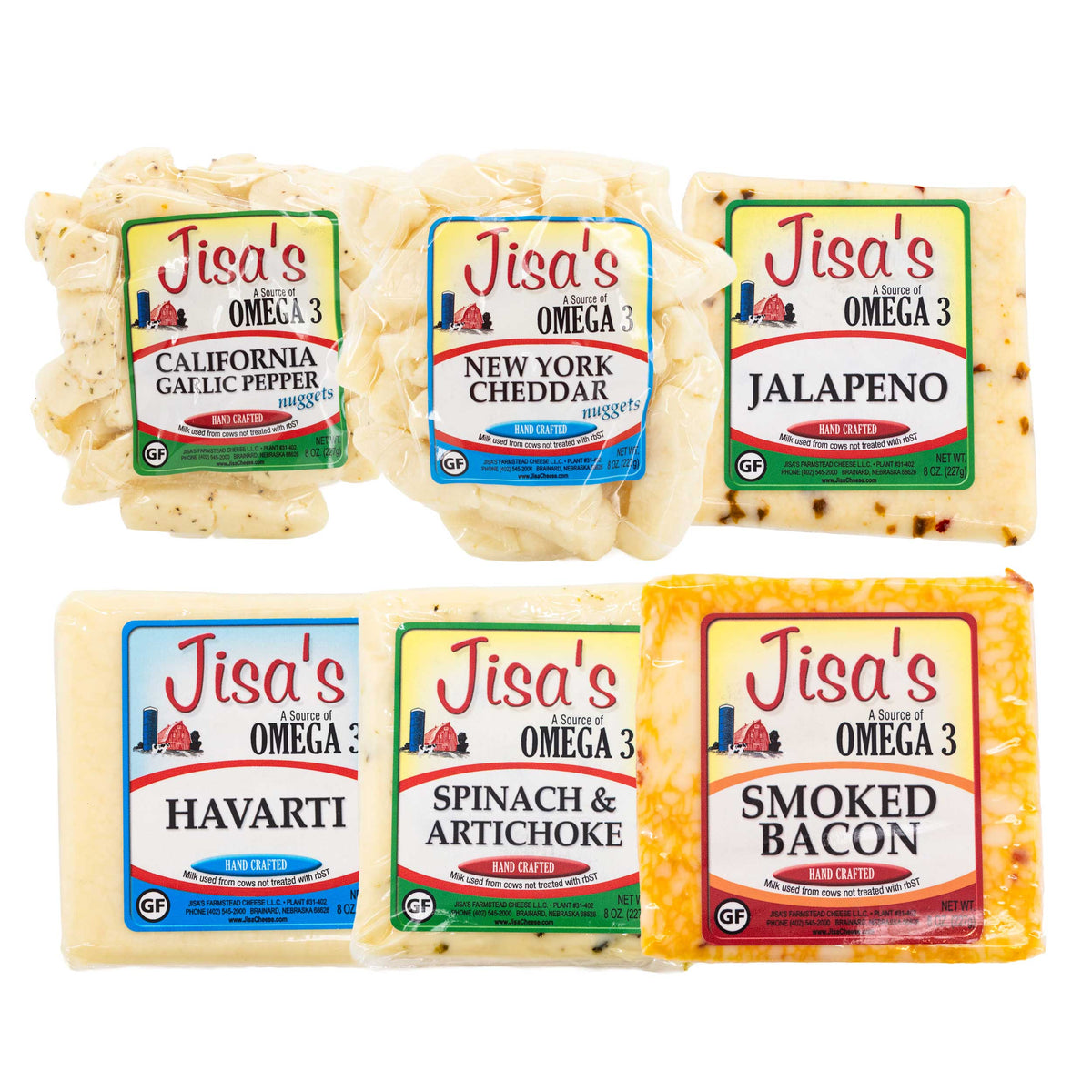 Best Nebraska Farmstead Cheese 6 Piece Sampler | Garlic Pepper, Cheddar, Havarti, Jalapeno, Spinach & Artichoke, Bacon | Hand-Cut and Carefully Aged