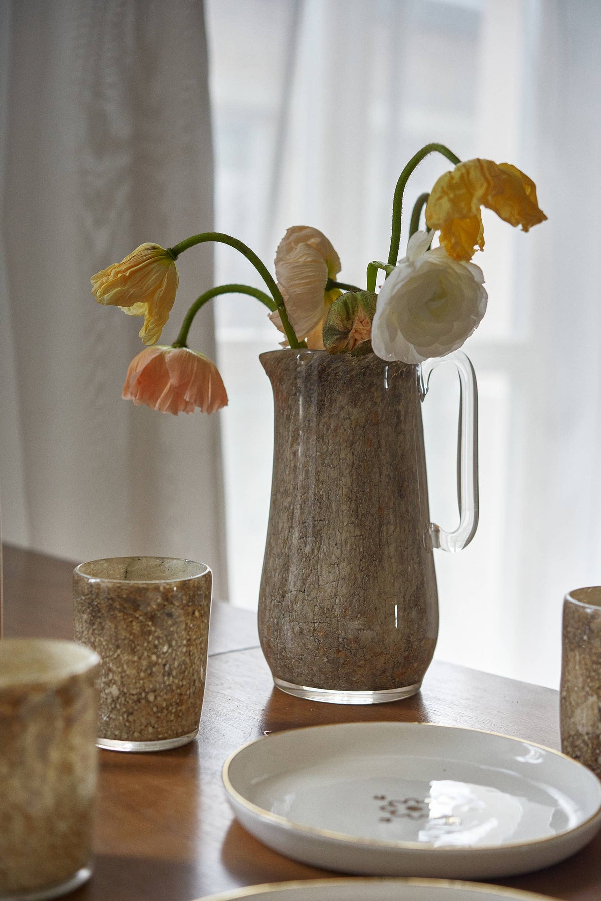 Hand Blown Glass Water Pitcher: Brown Marble