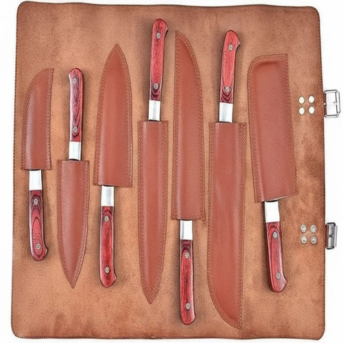 7-Piece Damascus Kitchen Knife Set Chef, Nakiri, Bread Knife and Cleaver, Red Pakka Wood Handles