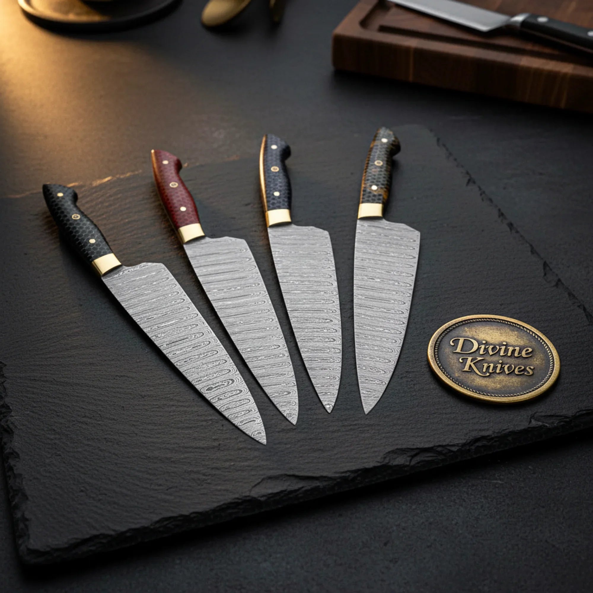4-Piece Brass Bolster Chef Knife Set with Mixed Handle Finishes for a Complete Kitchen Upgrade