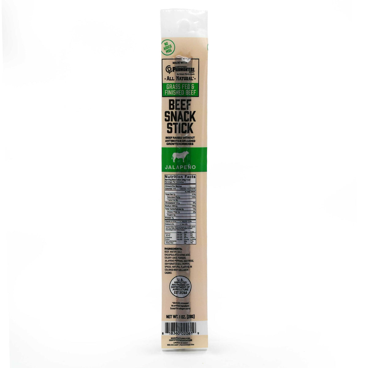 Beef Stick | 1 oz. | Jalapeño Flavor | Certified Piedmontese Beef | Grass Fed & Finished Beef | High Protein Snack | All Natural Ingredients