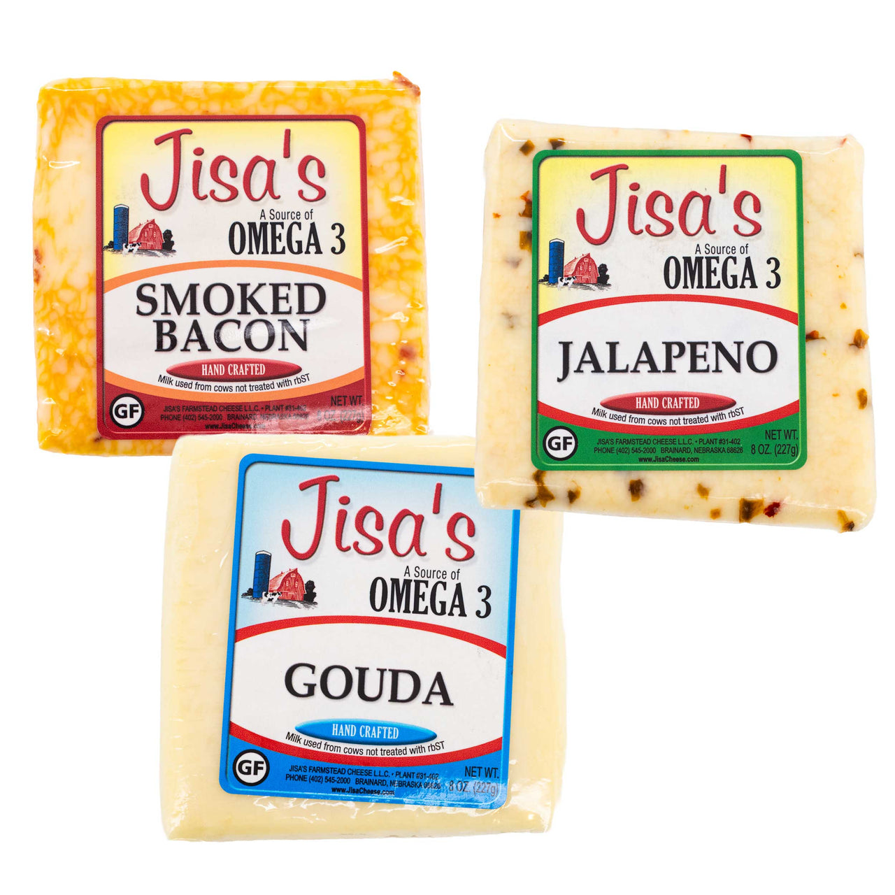 Best Nebraska Farmstead Cheese Block 3 Piece Sampler | Gouda, Smoked Bacon, Jalapeno | Made in Small Batches | Hand-Cut and Carefully Aged