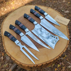 6-Piece J2 Steel Kitchen Knife Set — Chef, Cleaver, Santoku, Utility, Paring & Carving Fork with Black Resin Rosewood Handles