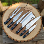6-Piece J2 Steel Kitchen Knife Set — Chef, Cleaver, Santoku, Utility, Paring & Carving Fork with Black Resin Rosewood Handles