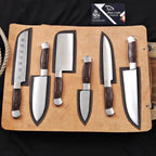 6-Piece High Carbon Steel Kitchen Knife Set with Leather Roll Olive Wood Handles, Steel Bolsters, 7 to 12 Inc