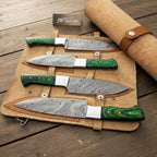 Handmade Damascus Kitchen Knife Set – Chef, Santoku, Utility Knives with Green Wood Handles