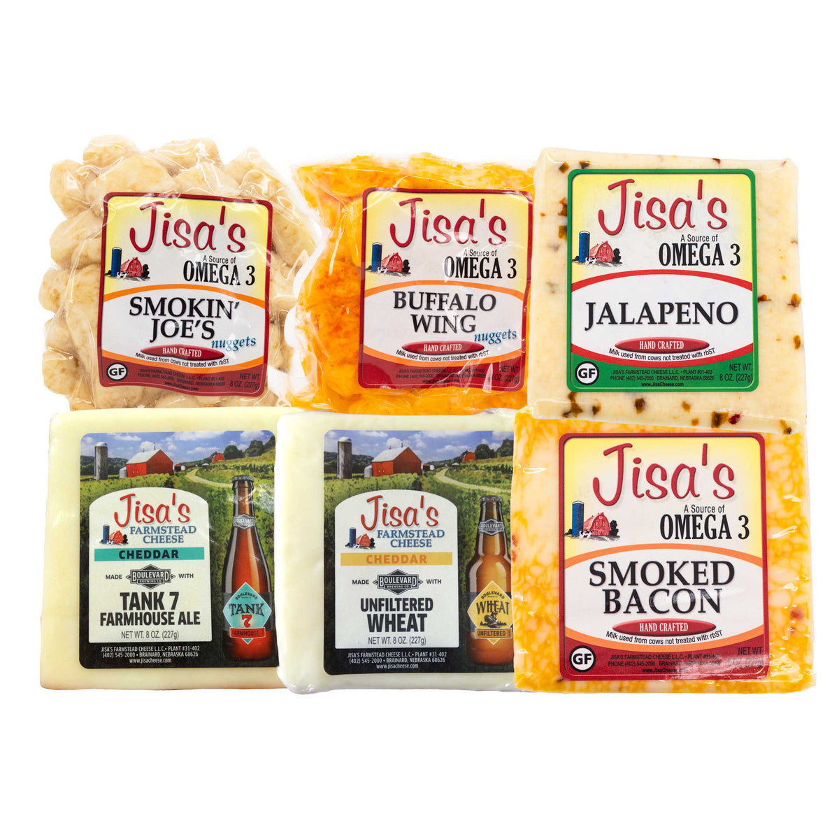 Best Nebraska Farmstead Cheese 6 Piece Sampler | Smokin' Joe's, Buffalo, Farmhouse Ale, BLVD Unfiltered Wheat, Bacon, Jalapeno | Made in Small Batches