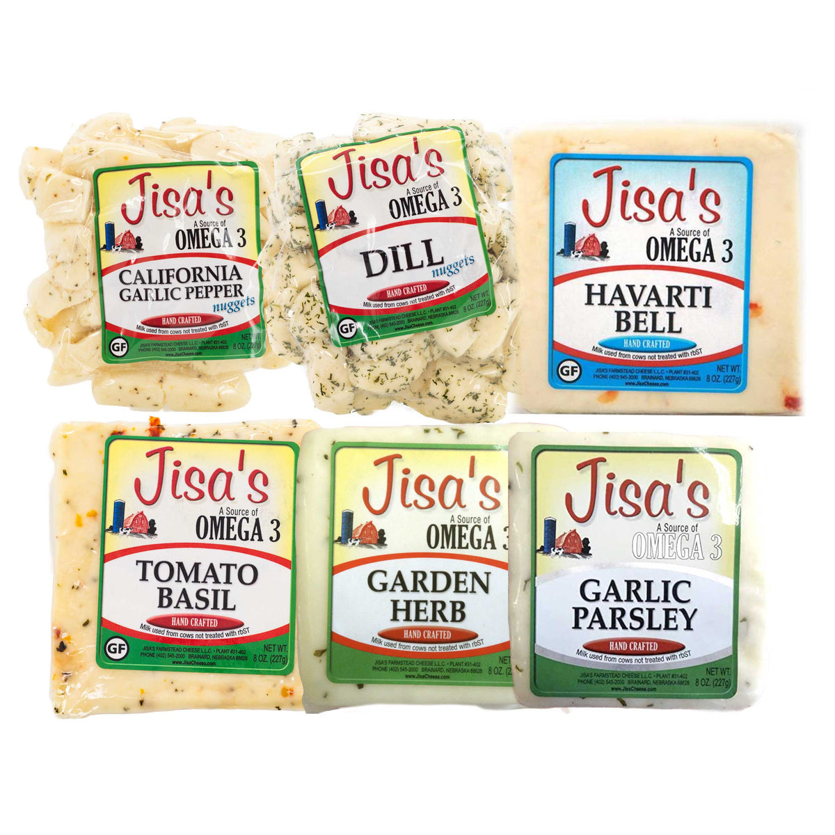 Best Nebraska Farmstead Cheese 6 Piece Sampler | Garlic Pepper, Dill, Havarti Bell, Tomato Basil, Garden Herb, Garlic Parsley | Made in Small Batches