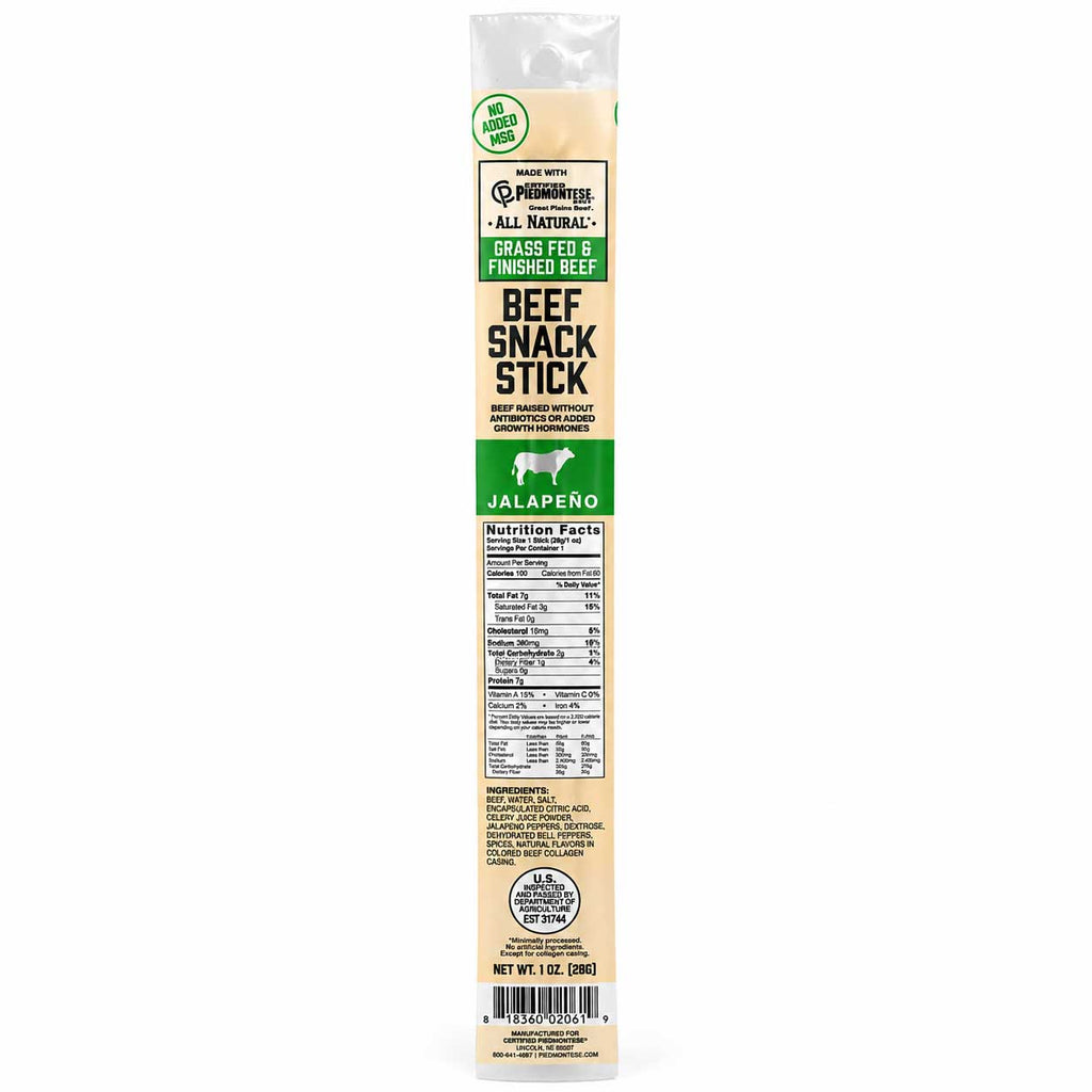 Beef Stick | 1 oz. | Jalapeño Flavor | Certified Piedmontese Beef | Grass Fed & Finished Beef | High Protein Snack | All Natural Ingredients