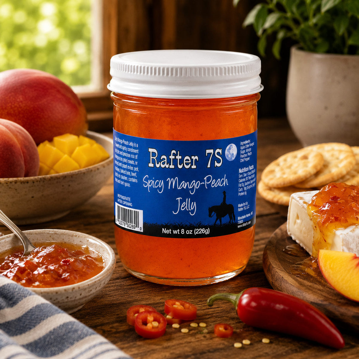 Spicy Mango-Peach Jelly | 8 oz. | Jelly With Spice | Fresh Blend Of Mango and Peach | Made in Paxton, NE | Rafter 7S
