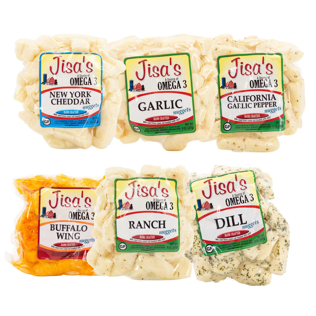 Best Nebraska Farmstead Cheese Nuggets 6 Piece Sampler | Buffalo Wing, Dill, Ranch, Garlic, NY Cheddar, CA Garlic Pepper | Made in Small Batches
