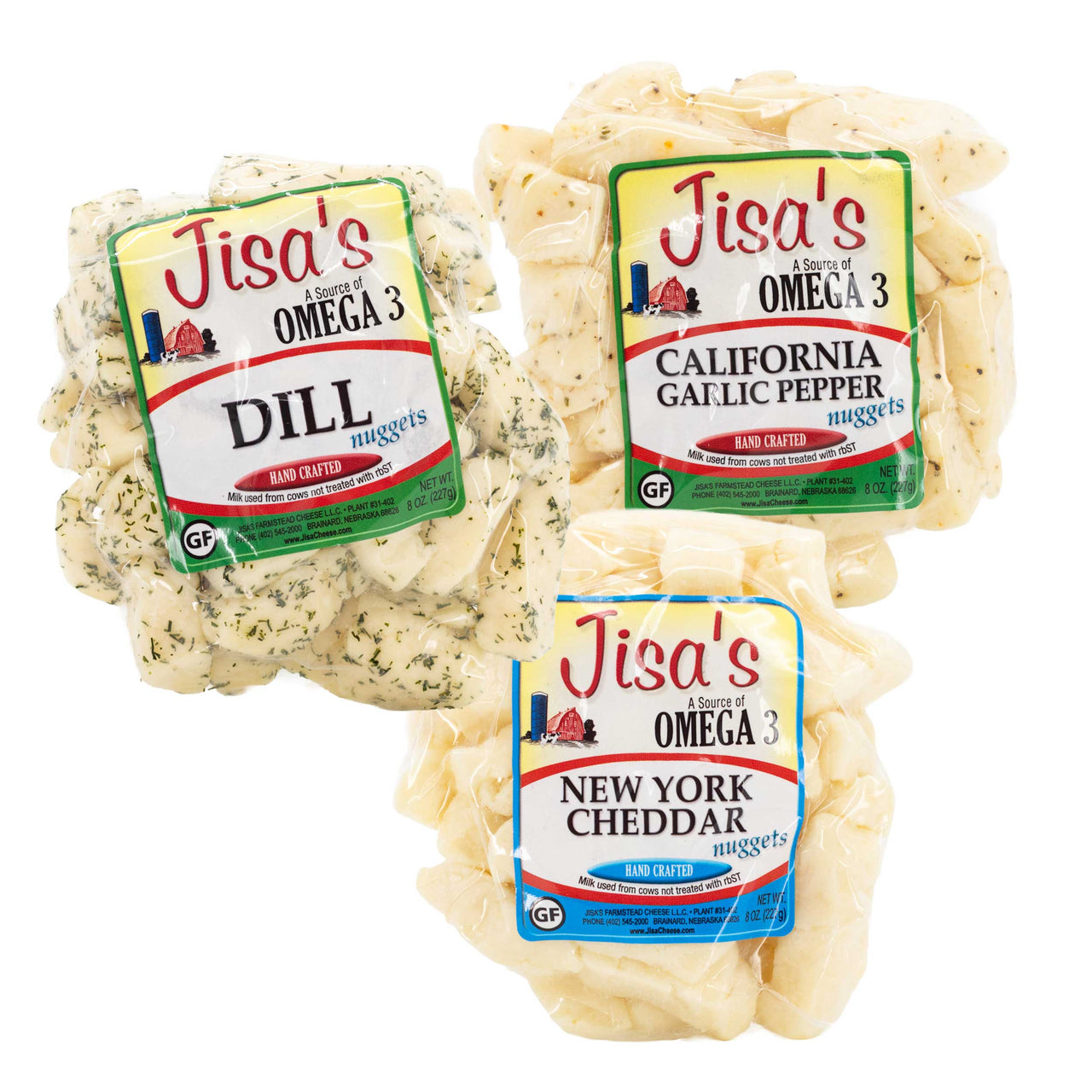 Best Nebraska Farmstead Cheese Nuggets 3 Piece Sampler | New York Cheddar, Dill, California Garlic Pepper | Made in Small Batches