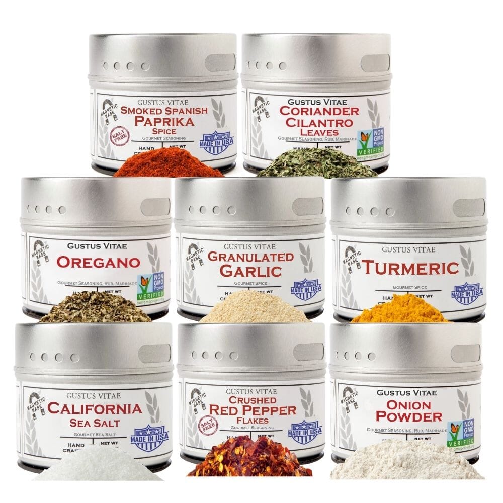 Pantry Starter Kit | Essential Spices, Seasonings, Salts | 8 Magnetic Tins | Gustus Vitae