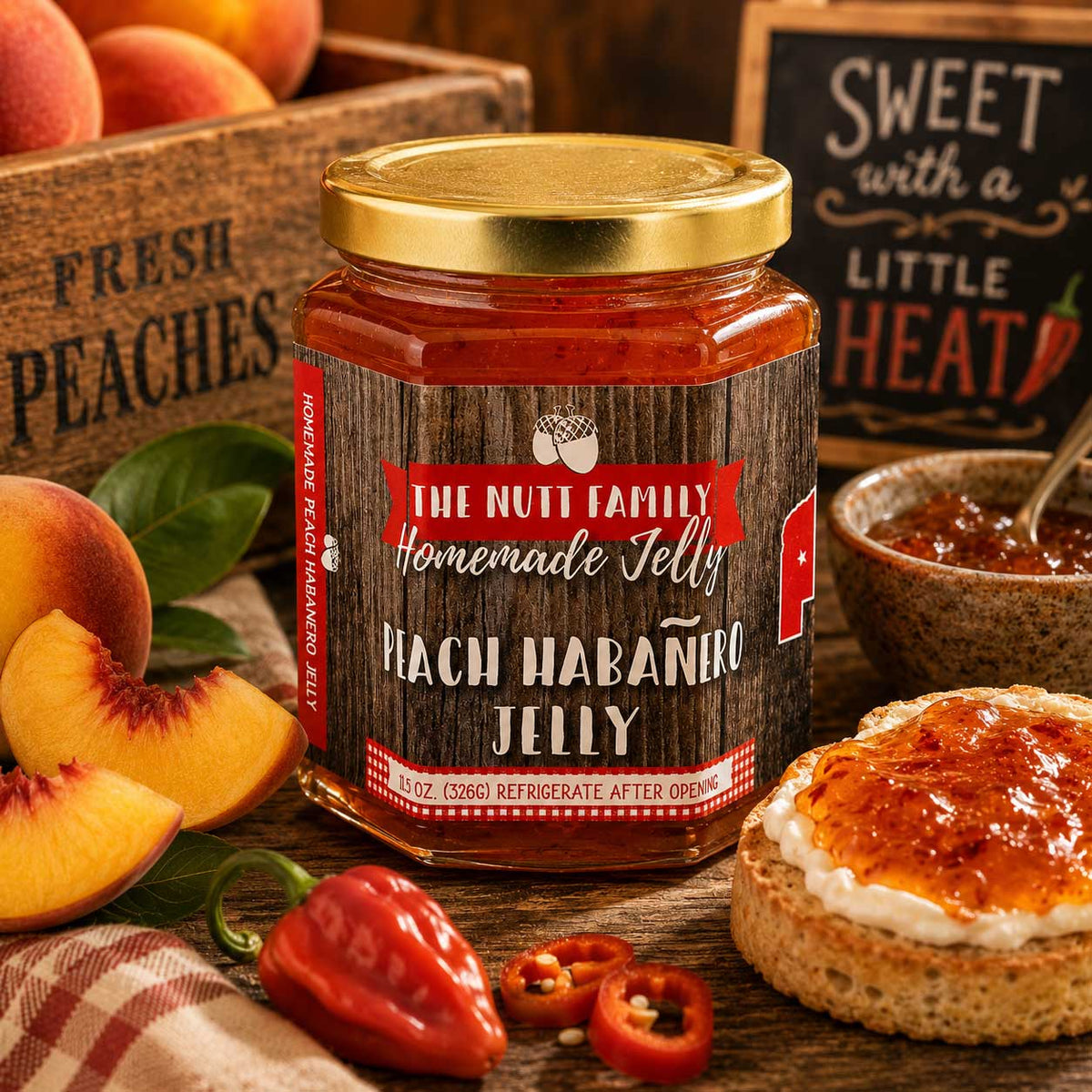 Peach Habanero Jelly | 11.5 oz. Jar | Made with Fresh Peaches | Spicy Fruit Spread | Made in Ravenna, NE | Nutt Family Jams and Jellies