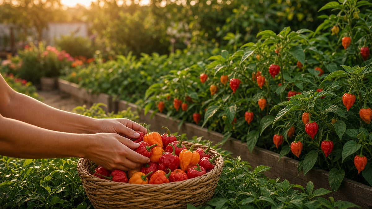 Hands harvesting fresh peppers in a sunlit garden