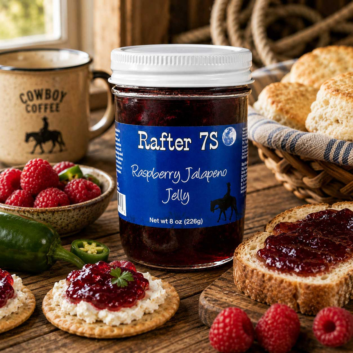 Raspberry Jalapeno Jelly | 8 oz. | Sweet & Spicy Jelly | Cream Cheese Jelly | Fresh Raspberries | Made in Paxton, NE | Rafter 7S