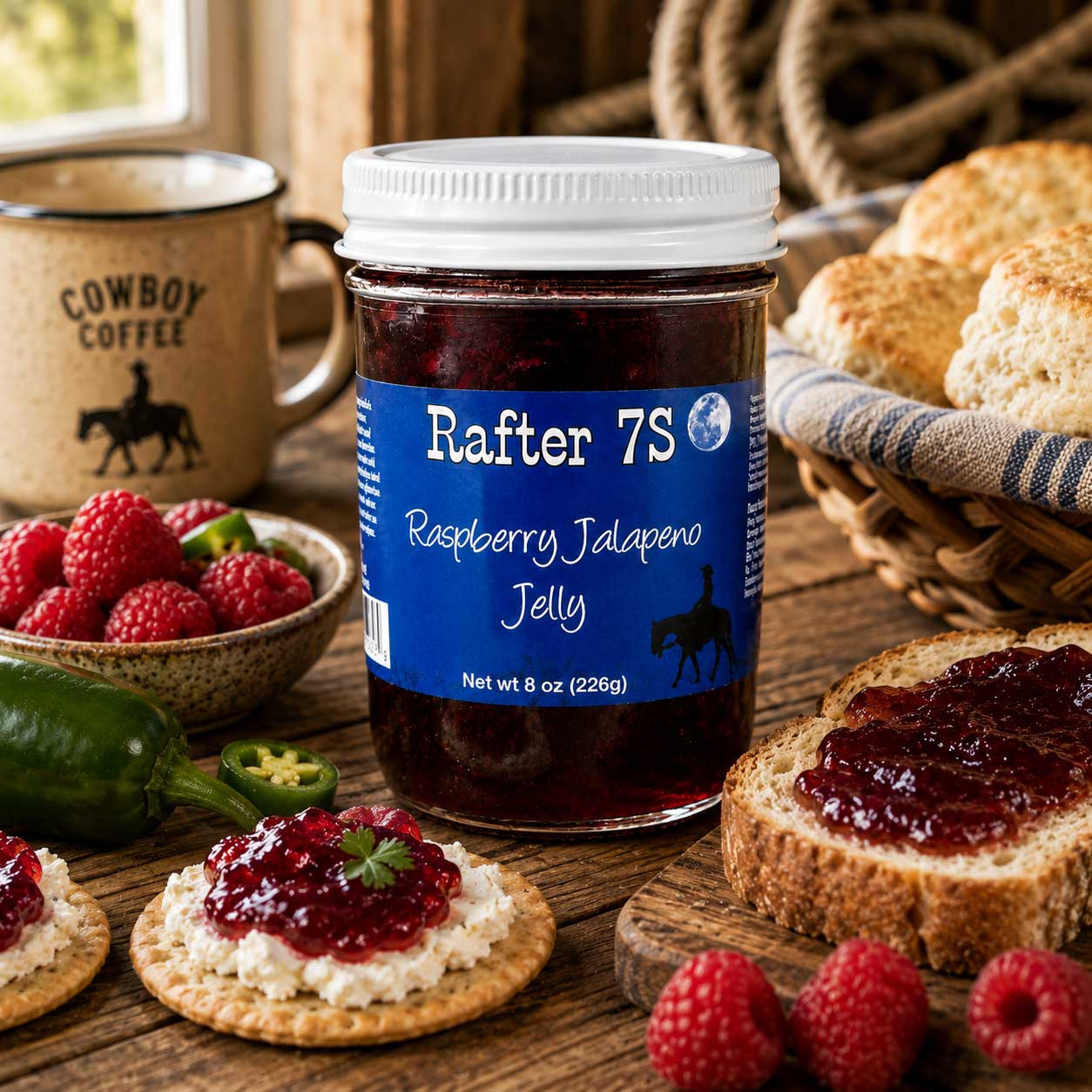 Raspberry Jalapeno Jelly | 8 oz. | Sweet & Spicy Jelly | Cream Cheese Jelly | Fresh Raspberries | Made in Paxton, NE | Rafter 7S