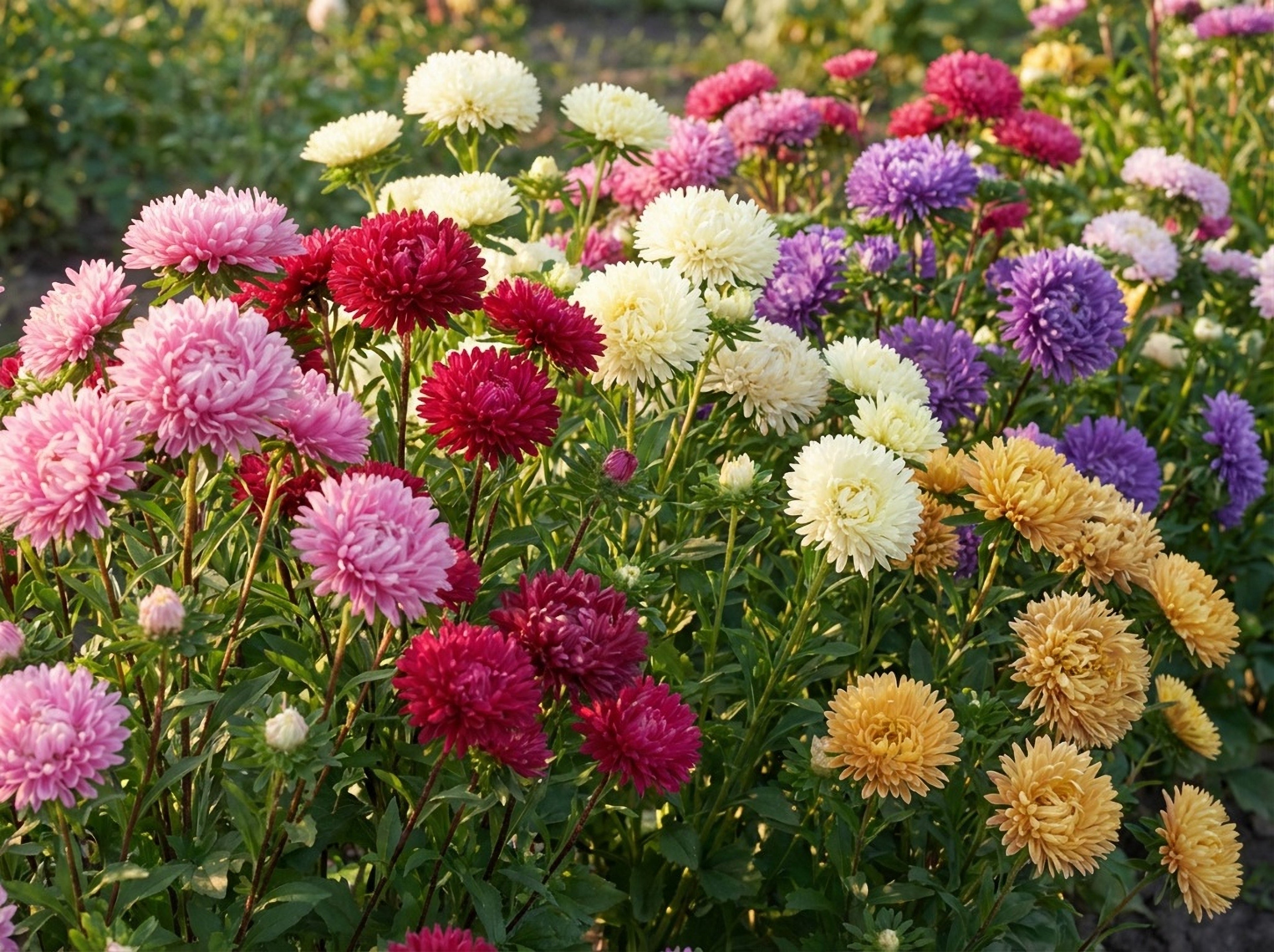 30 MIXED PAEONY ASTER Callistephus Peony Red Pink White Blue Purple Yellow Coral Apricot French Flower Seeds