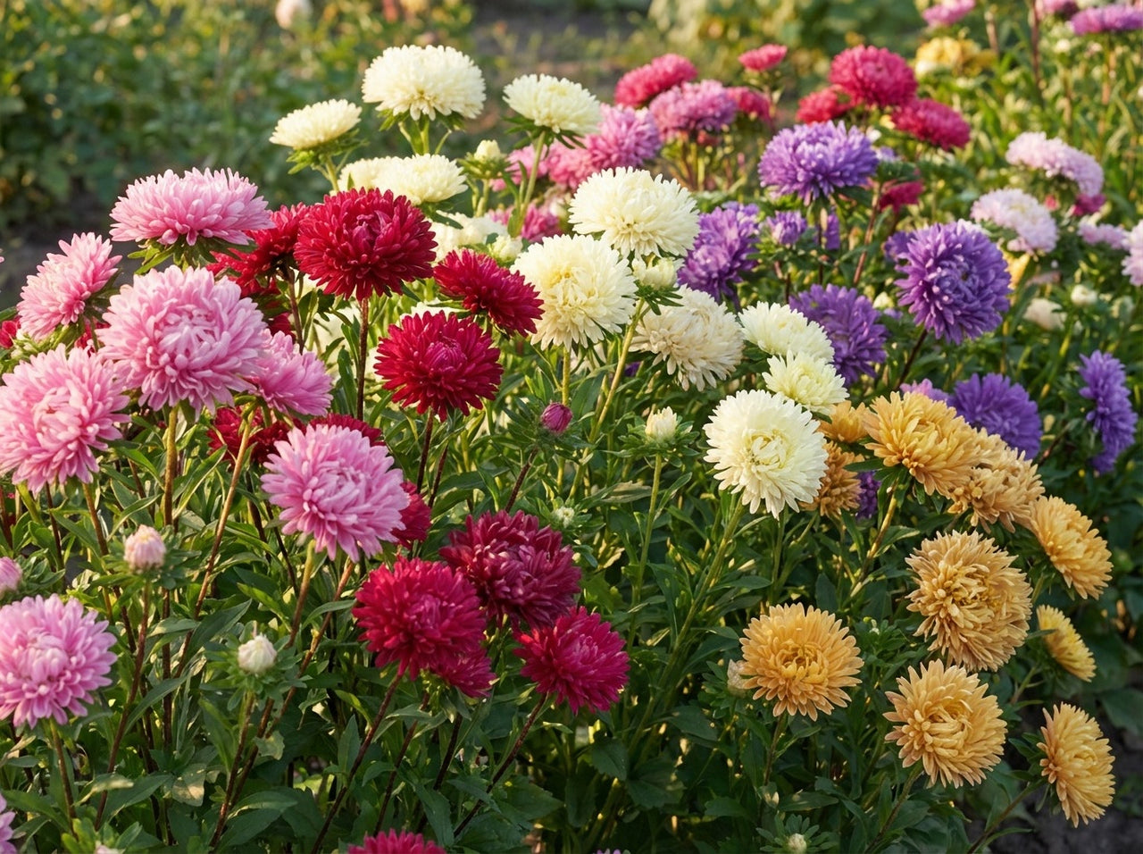 30 MIXED PAEONY ASTER Callistephus Peony Red Pink White Blue Purple Yellow Coral Apricot French Flower Seeds