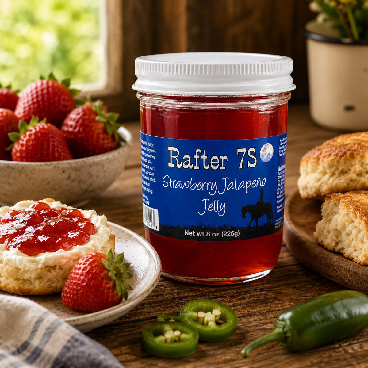 Strawberry Jalapeno Jelly | 8 oz. Jar | Sweet & Spicy Jelly | Fresh Strawberry & Jalapeno Blend | Made in Paxton, NE | Rafter 7S