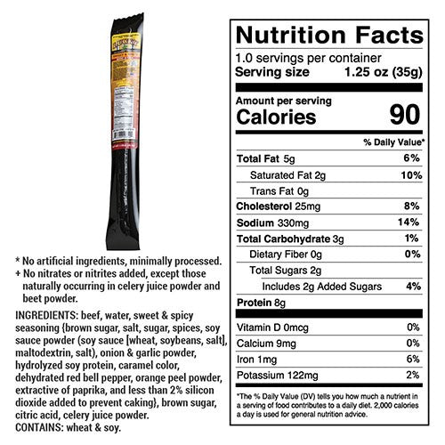Sweet & Spicy Beef Stick | 1.25 oz. | Mouthwatering Teriyaki & Red Pepper Combination | Lean, Premium, All Natural Angus Beef | Cooked To Tender Perfection | Easy, Quick On-The-Go Snack | Nebraska Beef